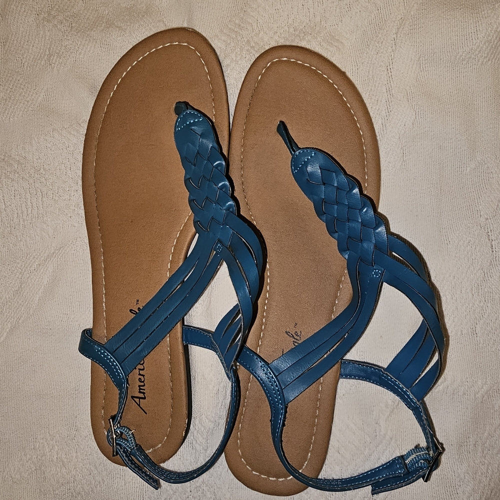 American Eagle Teal Blue Strappy Flat Sandals Size 9 Excellent Condition